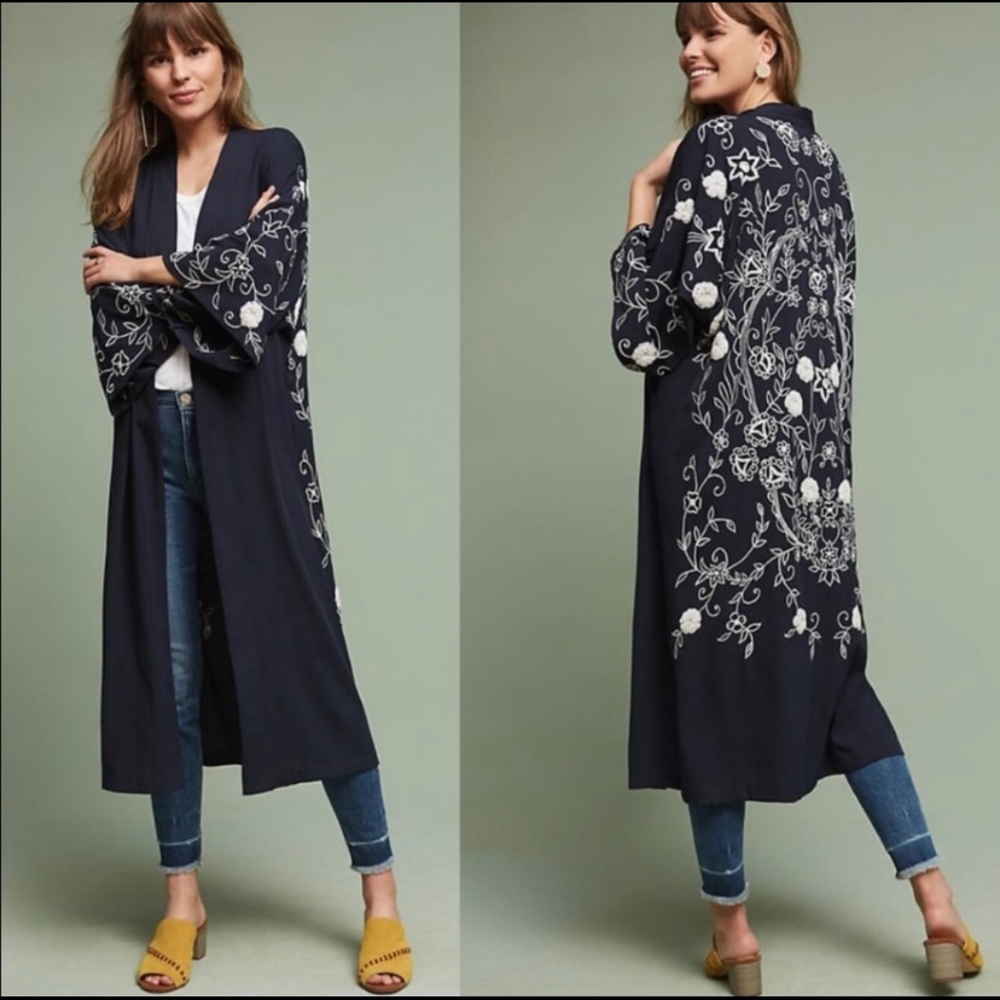 Boho Chic Navy Embroidered Robe with Pearl Accents